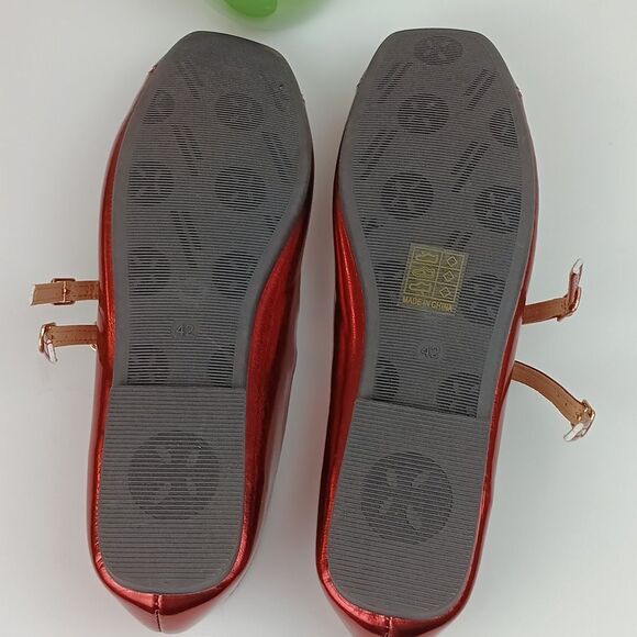 Womens Cherry Red Metallic Square Toe Double Strap Mary Jane Shoes/flats sz 11.5 - Picture 7 of 11